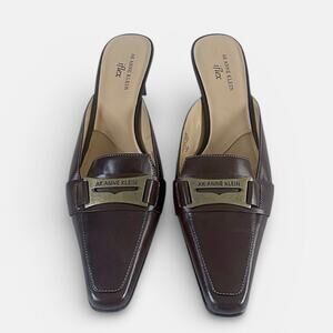 Anne Klein 90s Minimalist Square Toe Brown Leather Block Kitten Heel Mules Sz 10